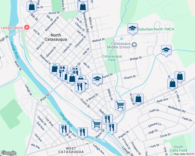 map of restaurants, bars, coffee shops, grocery stores, and more near 343 Howertown Road in Catasauqua