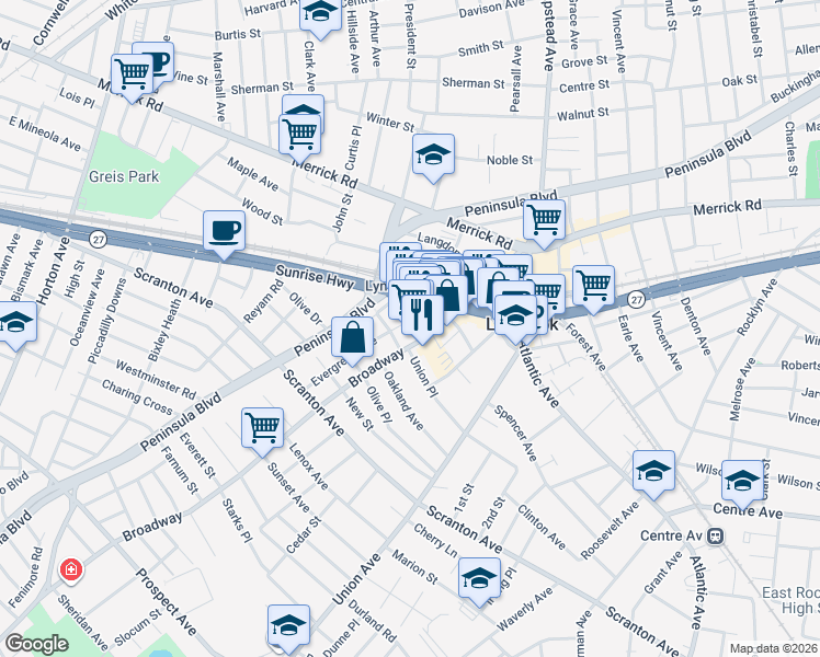 map of restaurants, bars, coffee shops, grocery stores, and more near 112 Evergreen Avenue in Lynbrook