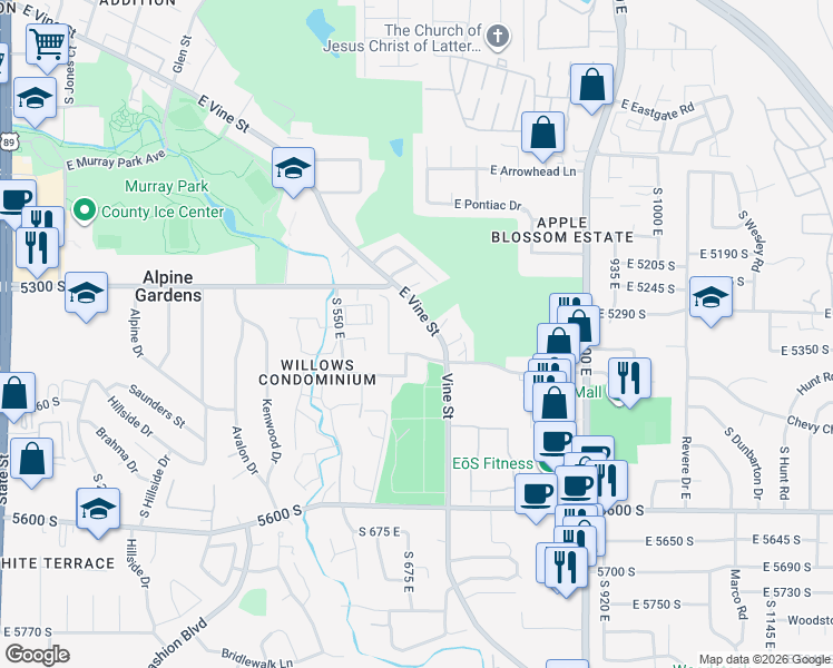 map of restaurants, bars, coffee shops, grocery stores, and more near 672 Vine Street in Murray
