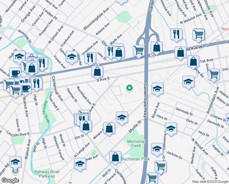 map of restaurants, bars, coffee shops, grocery stores, and more near 13 Meeker Avenue in Cranford