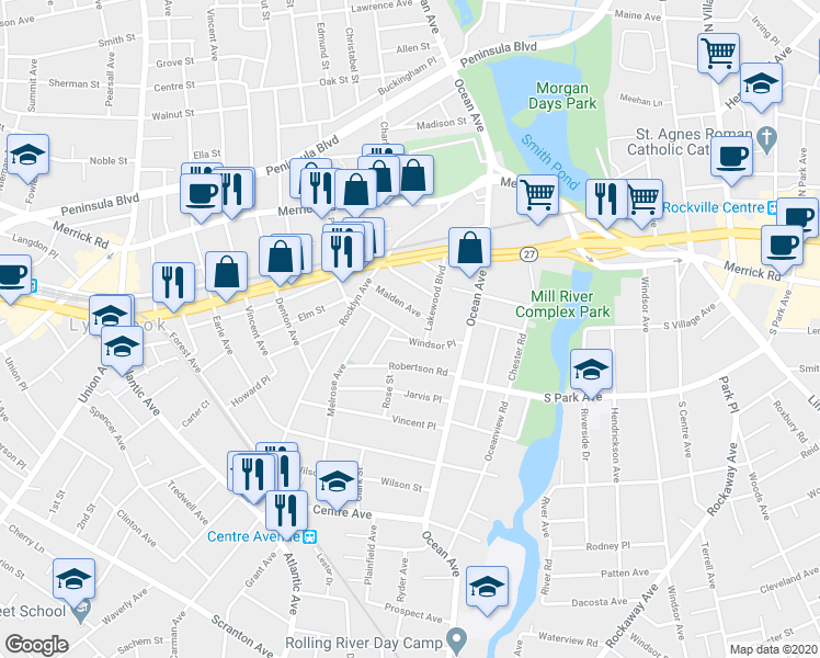 map of restaurants, bars, coffee shops, grocery stores, and more near 61 Huntington Avenue in Lynbrook