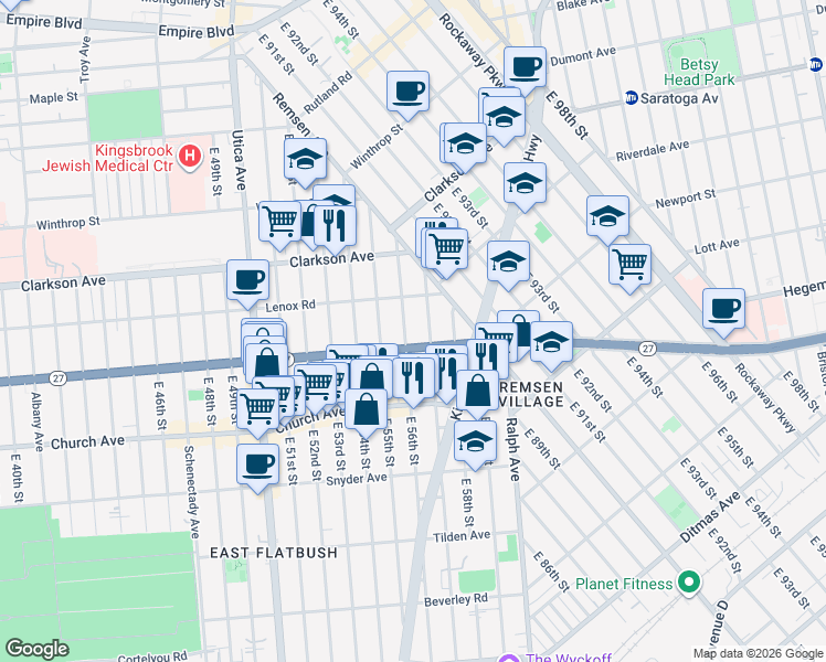 map of restaurants, bars, coffee shops, grocery stores, and more near 101 East 56th Street in Brooklyn