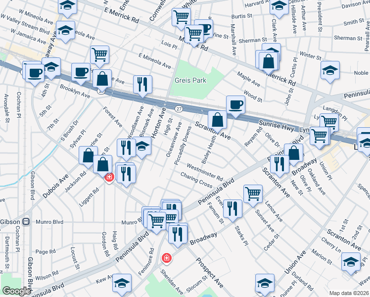 map of restaurants, bars, coffee shops, grocery stores, and more near 55 Surrey Commons in Lynbrook