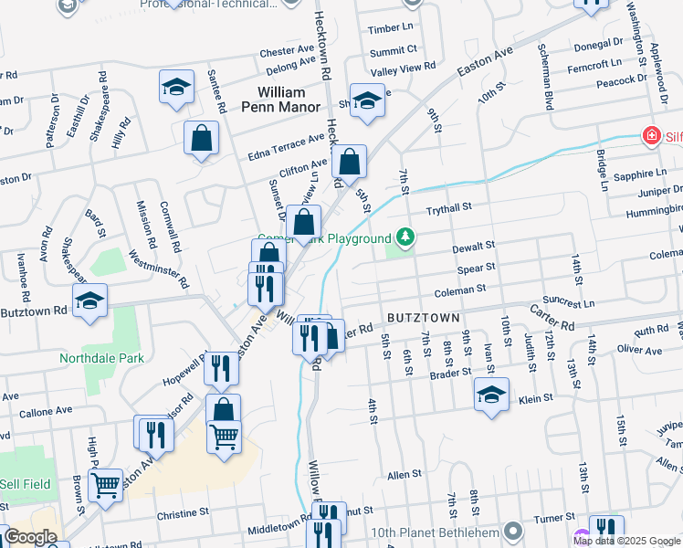 map of restaurants, bars, coffee shops, grocery stores, and more near 2754 Riegel Street in Bethlehem