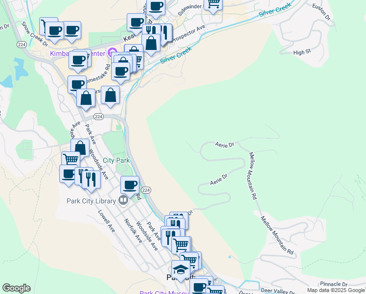 map of restaurants, bars, coffee shops, grocery stores, and more near 1360 Golden Way in Park City