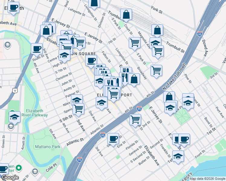 map of restaurants, bars, coffee shops, grocery stores, and more near in Elizabeth