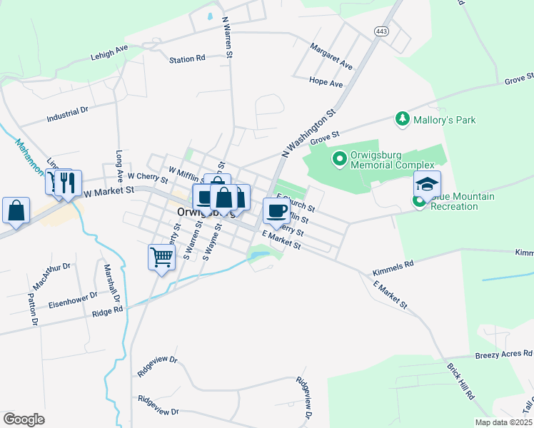 map of restaurants, bars, coffee shops, grocery stores, and more near 124 North Washington Street in Orwigsburg