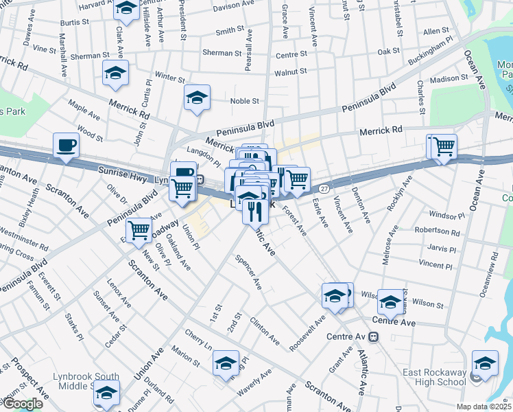 map of restaurants, bars, coffee shops, grocery stores, and more near 381 Sunrise Highway in Lynbrook