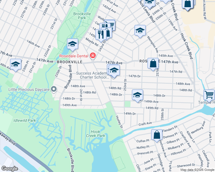 map of restaurants, bars, coffee shops, grocery stores, and more near 148-30 Huxley Street in Queens
