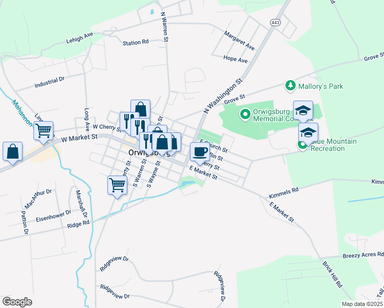 map of restaurants, bars, coffee shops, grocery stores, and more near 124 North Washington Street in Orwigsburg