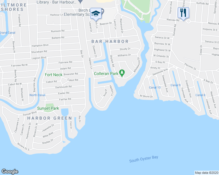 map of restaurants, bars, coffee shops, grocery stores, and more near 255 Harbor Lane in Massapequa Park