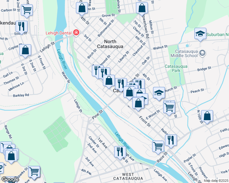 map of restaurants, bars, coffee shops, grocery stores, and more near 621 Front Street in Catasauqua