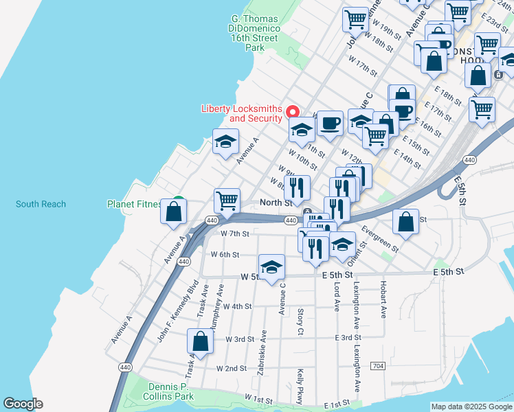 map of restaurants, bars, coffee shops, grocery stores, and more near 256 John F. Kennedy Boulevard in Bayonne