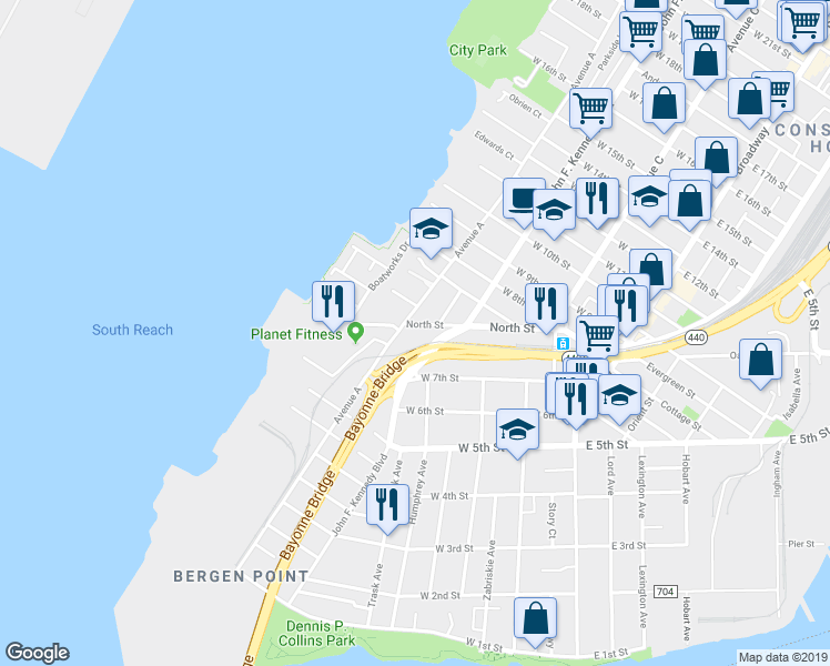 map of restaurants, bars, coffee shops, grocery stores, and more near 106 North Street in Bayonne
