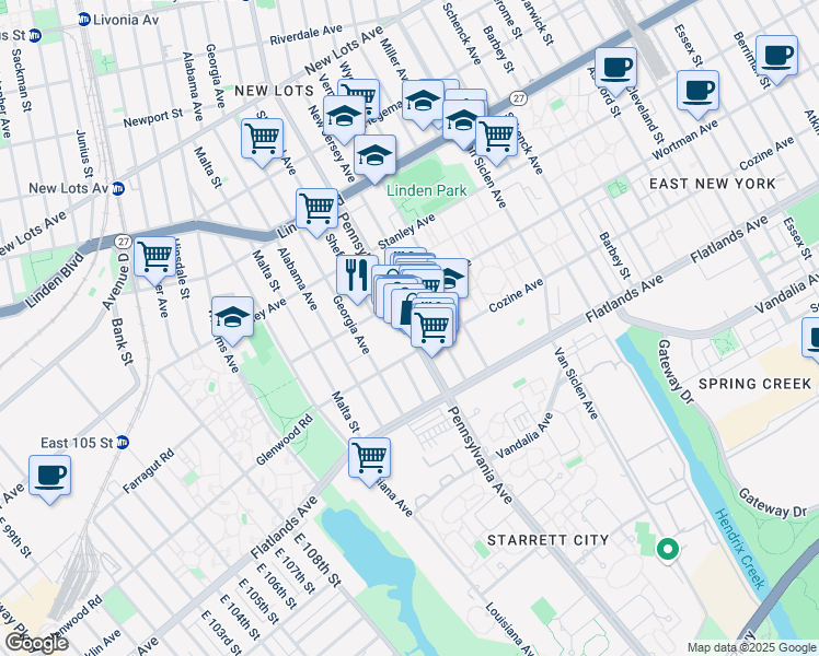 map of restaurants, bars, coffee shops, grocery stores, and more near 1000 Pennsylvania Avenue in Brooklyn