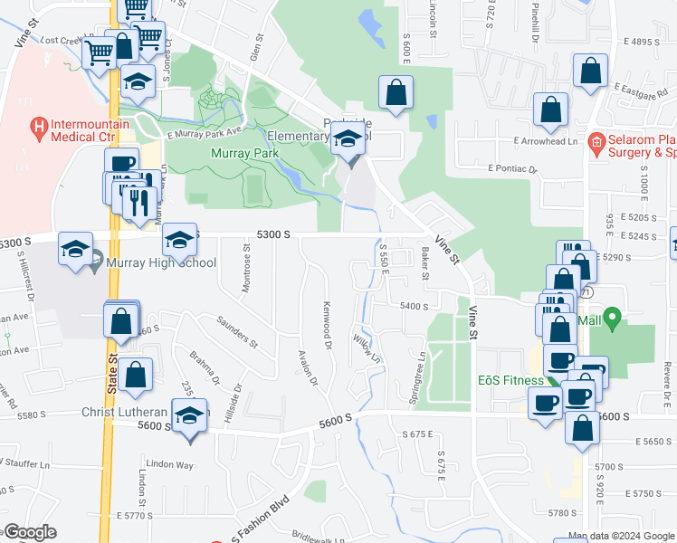 map of restaurants, bars, coffee shops, grocery stores, and more near 5349 Kenwood Drive in Salt Lake City