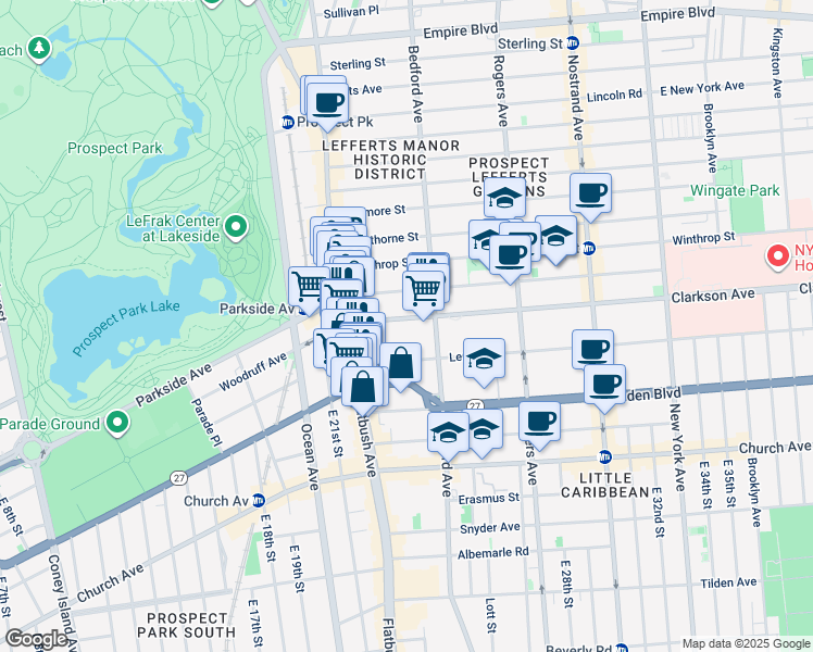 map of restaurants, bars, coffee shops, grocery stores, and more near 70 Clarkson Avenue in Brooklyn