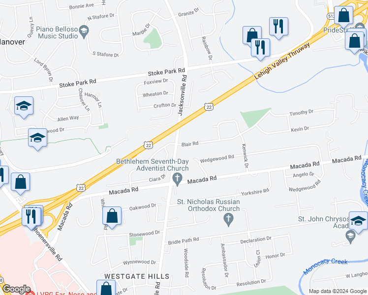 map of restaurants, bars, coffee shops, grocery stores, and more near 1009 Blair Road in Bethlehem