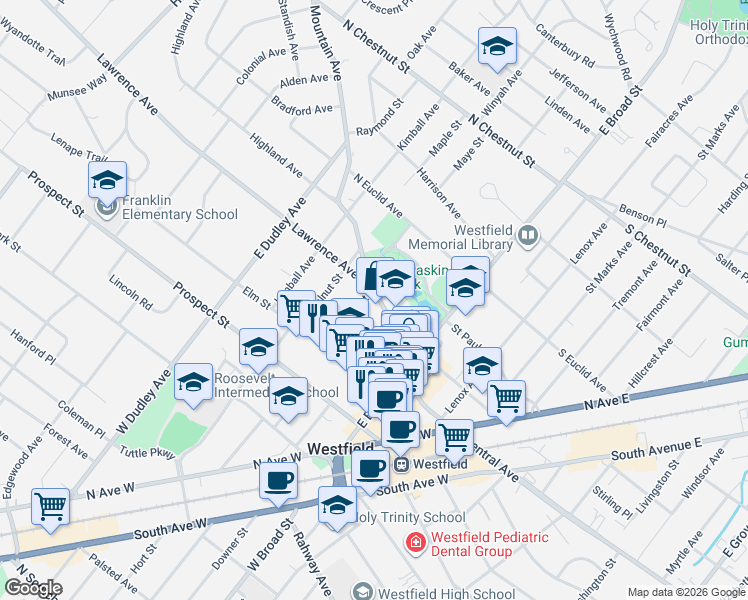 map of restaurants, bars, coffee shops, grocery stores, and more near 167 Mountain Avenue in Westfield
