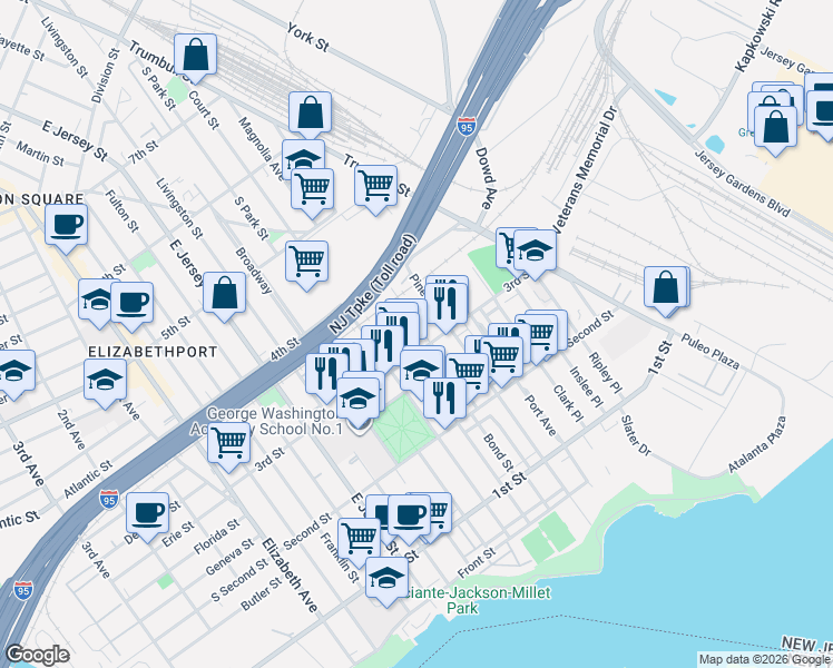 map of restaurants, bars, coffee shops, grocery stores, and more near 310 Bond Street in Elizabeth