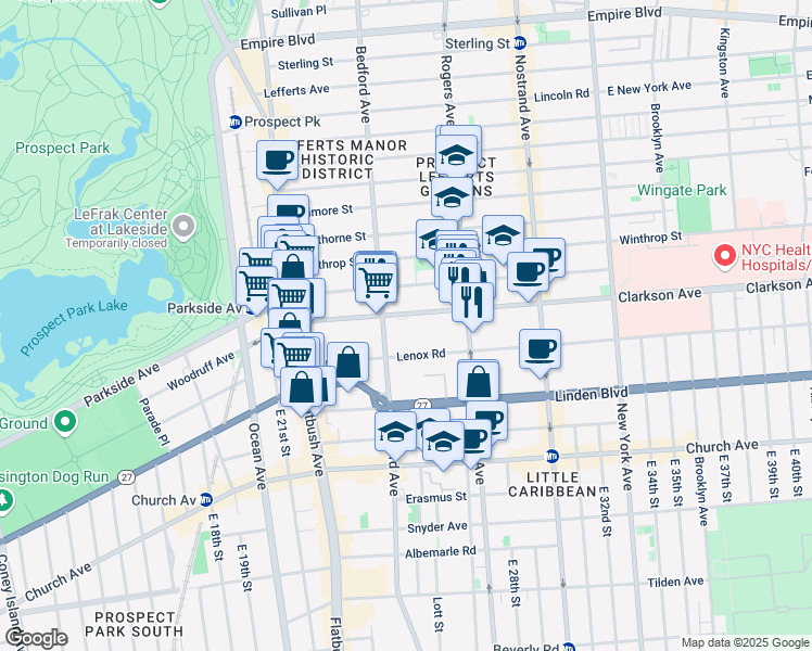 map of restaurants, bars, coffee shops, grocery stores, and more near 122 Clarkson Avenue in Brooklyn