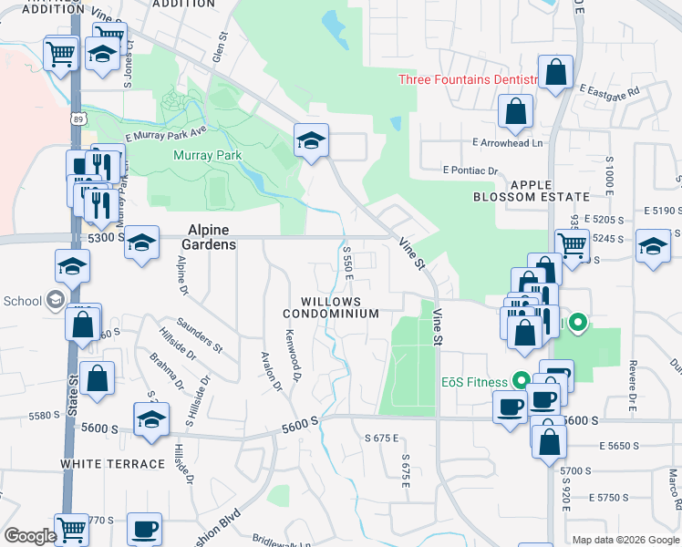 map of restaurants, bars, coffee shops, grocery stores, and more near 460 East Creekside Circle in Murray