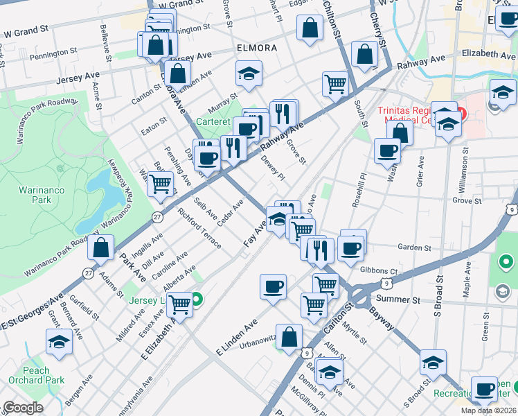 map of restaurants, bars, coffee shops, grocery stores, and more near 1054 South Elmora Avenue in Elizabeth