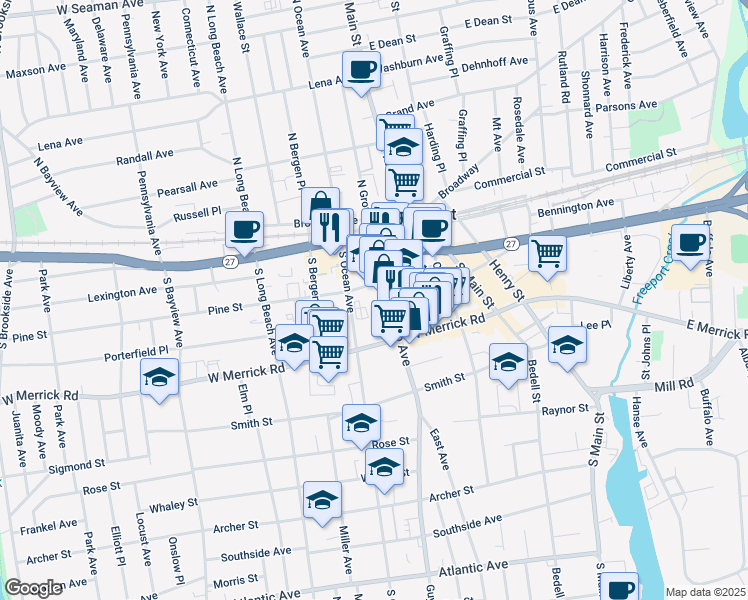 map of restaurants, bars, coffee shops, grocery stores, and more near 87 Pine Street in Freeport