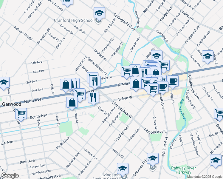 map of restaurants, bars, coffee shops, grocery stores, and more near 231 North Ave West in Cranford