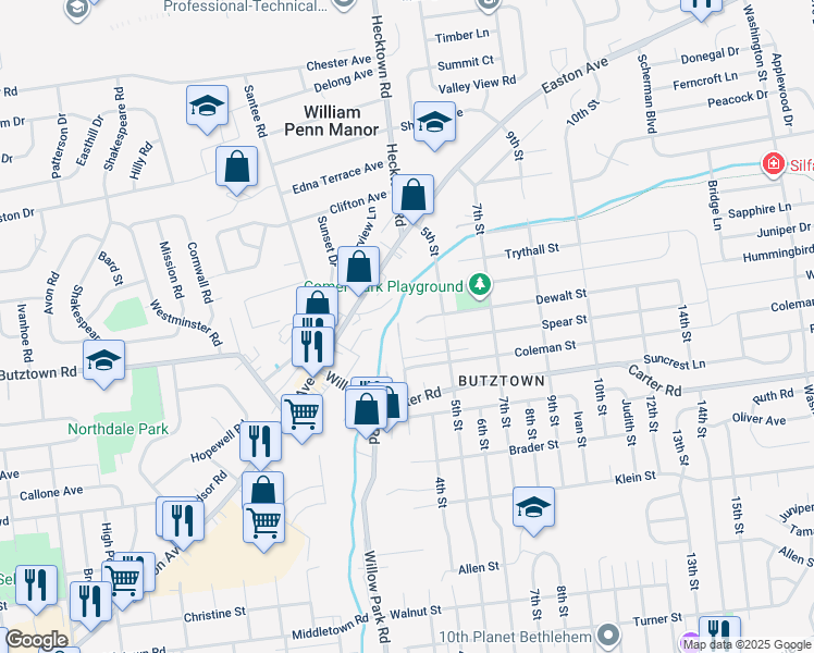 map of restaurants, bars, coffee shops, grocery stores, and more near 2754 Riegel Street in Bethlehem