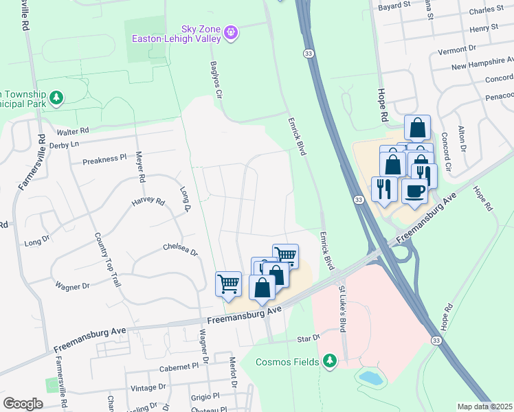 map of restaurants, bars, coffee shops, grocery stores, and more near 2308 Raya Way in Easton