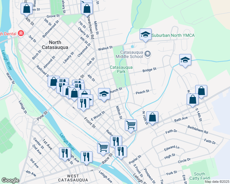 map of restaurants, bars, coffee shops, grocery stores, and more near 330 American Street in Catasauqua