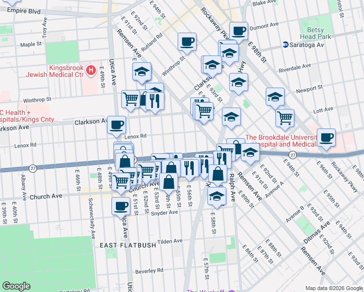map of restaurants, bars, coffee shops, grocery stores, and more near 899 Linden Boulevard in Brooklyn