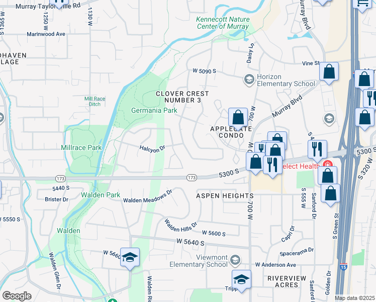map of restaurants, bars, coffee shops, grocery stores, and more near 850 Clover Meadow Drive in Murray