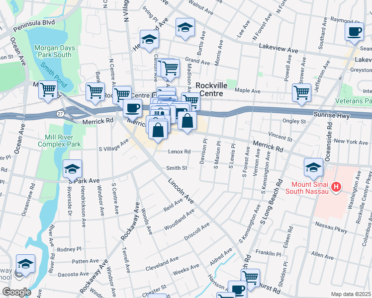 map of restaurants, bars, coffee shops, grocery stores, and more near 50 Lenox Road in Rockville Centre