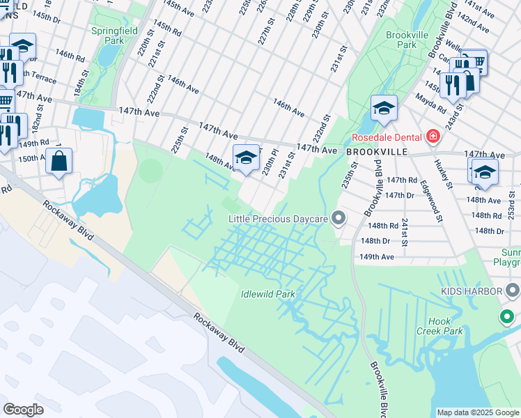 map of restaurants, bars, coffee shops, grocery stores, and more near 148-45 231st Street in Queens