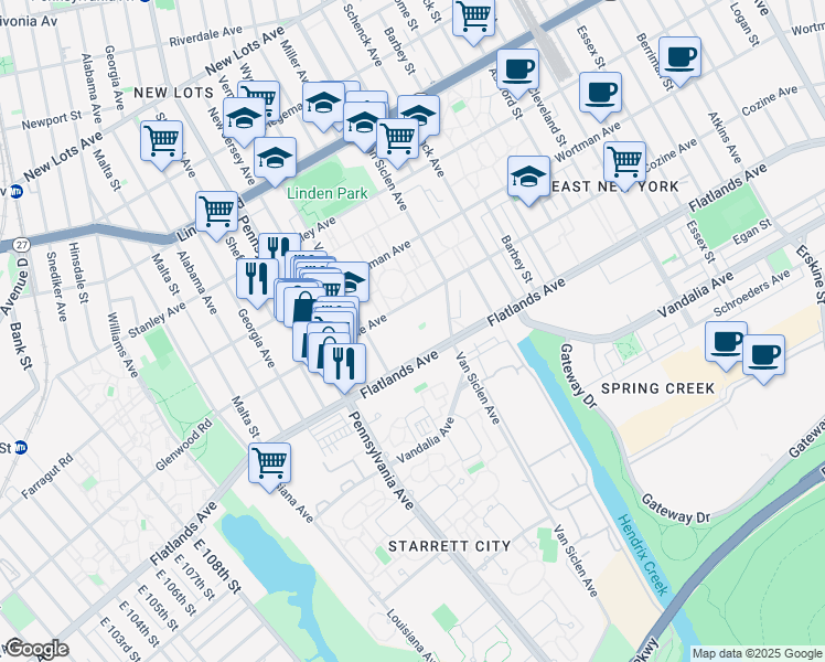 map of restaurants, bars, coffee shops, grocery stores, and more near 12205 Flatlands Avenue in Brooklyn