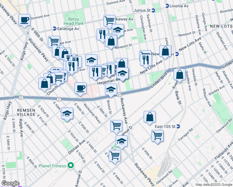 map of restaurants, bars, coffee shops, grocery stores, and more near 1462 Linden Boulevard in Brooklyn