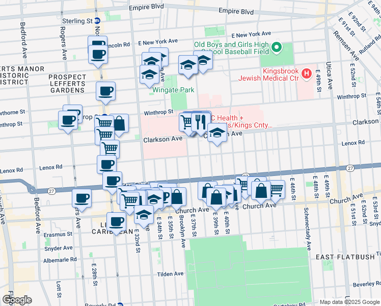 map of restaurants, bars, coffee shops, grocery stores, and more near 490 Lenox Road in Brooklyn
