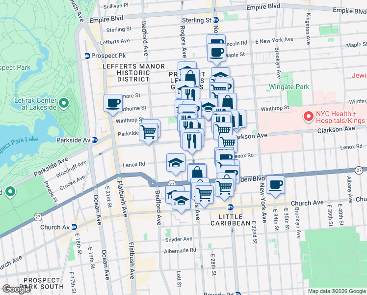 map of restaurants, bars, coffee shops, grocery stores, and more near 690 Rogers Avenue in Brooklyn