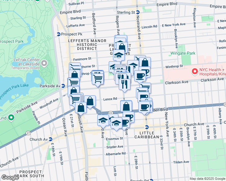 map of restaurants, bars, coffee shops, grocery stores, and more near 151 Lenox Road in Brooklyn