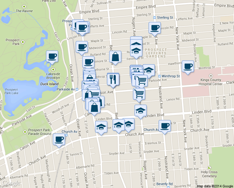 map of restaurants, bars, coffee shops, grocery stores, and more near 2055 Bedford Avenue in Brooklyn