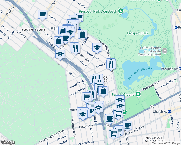 map of restaurants, bars, coffee shops, grocery stores, and more near 151 Seeley Street in Brooklyn