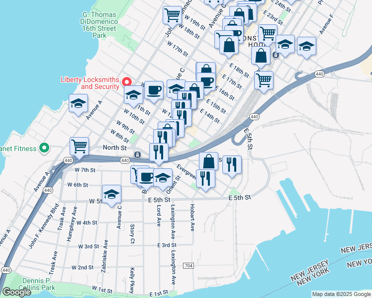map of restaurants, bars, coffee shops, grocery stores, and more near 37 Linnet Street in Bayonne