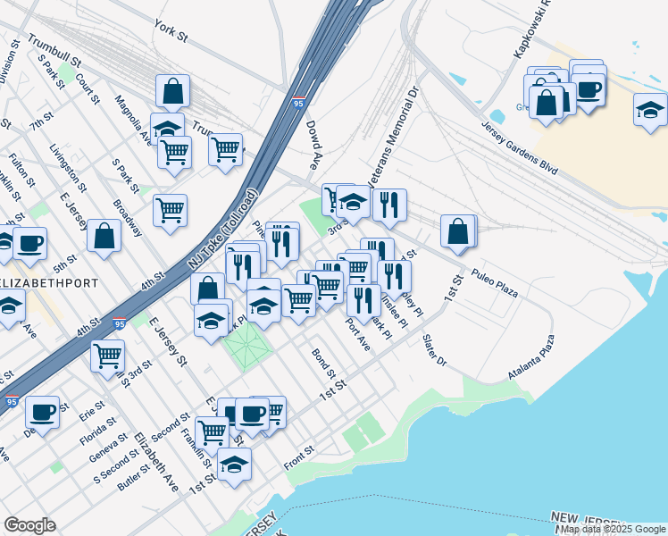 map of restaurants, bars, coffee shops, grocery stores, and more near 235 Port Avenue in Elizabeth