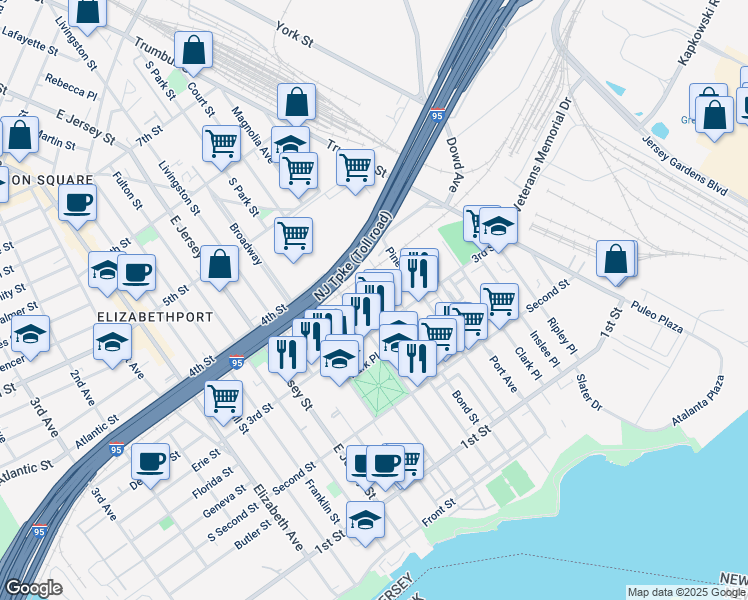 map of restaurants, bars, coffee shops, grocery stores, and more near 319 Court Street in Elizabeth