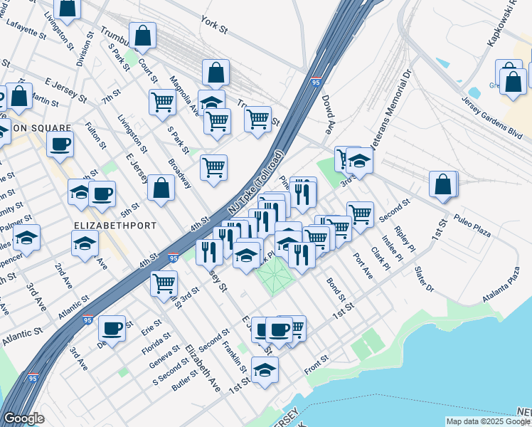 map of restaurants, bars, coffee shops, grocery stores, and more near 319 Court Street in Elizabeth