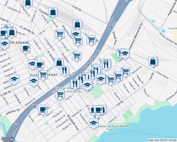 map of restaurants, bars, coffee shops, grocery stores, and more near 335 South Park Street in Elizabeth
