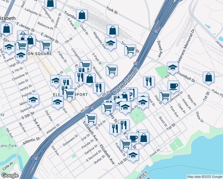 map of restaurants, bars, coffee shops, grocery stores, and more near 139 4th Street in Elizabeth