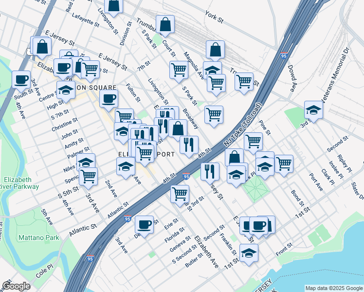 map of restaurants, bars, coffee shops, grocery stores, and more near 431 Fulton Street in Elizabeth